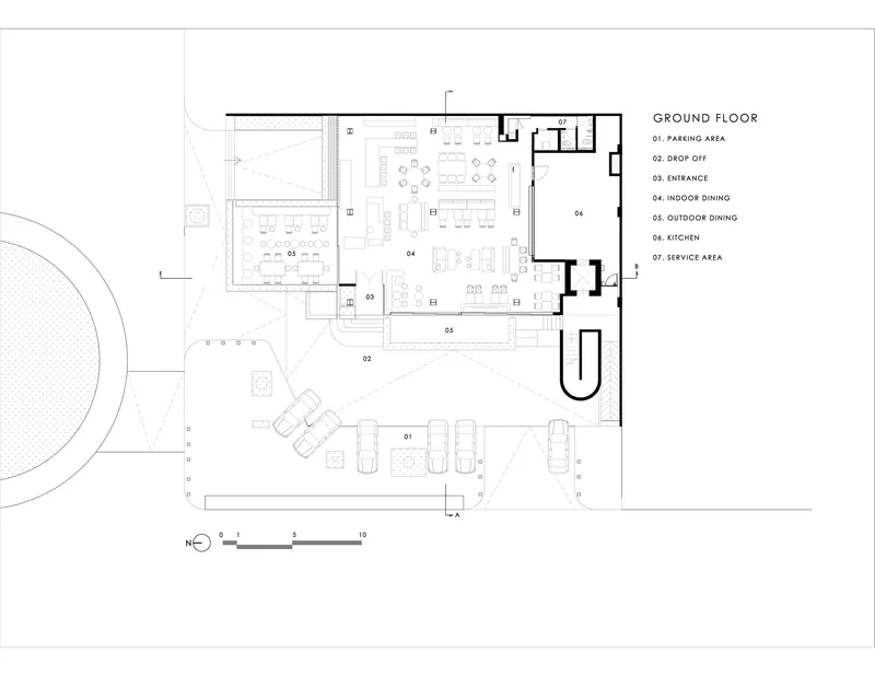 Ground floor plan showing dining areas, kitchen and outdoor seating zones