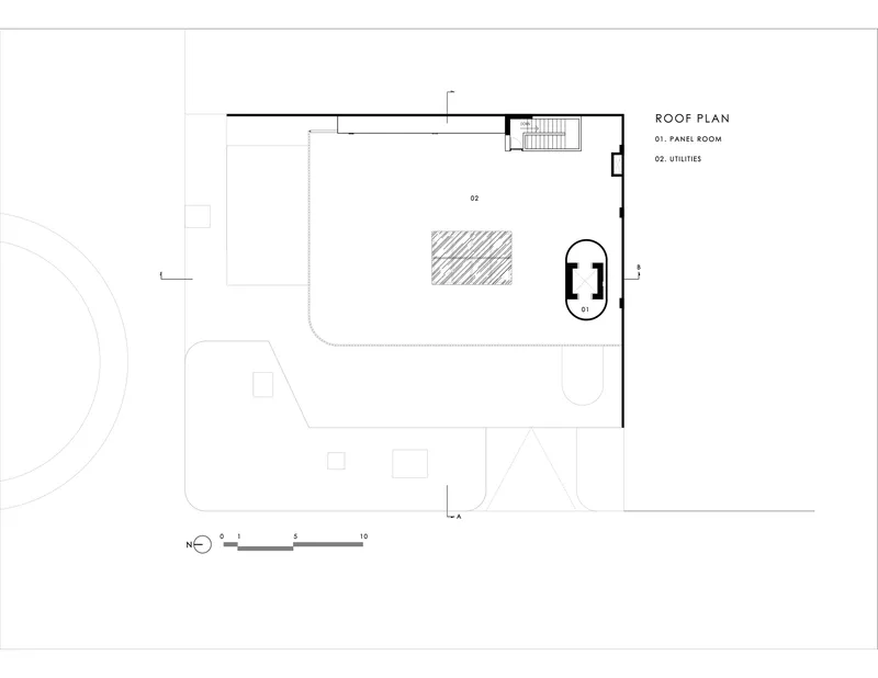 Roof plan drawing showing a panel room, utilities area, and oval rooftop element