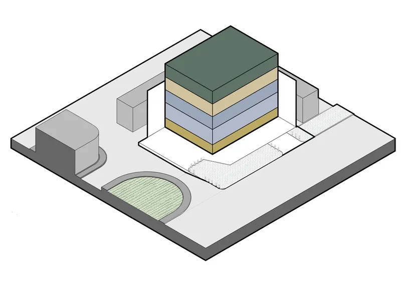 Axonometric diagram revealing layered floor plates in green, tan, and blue tones