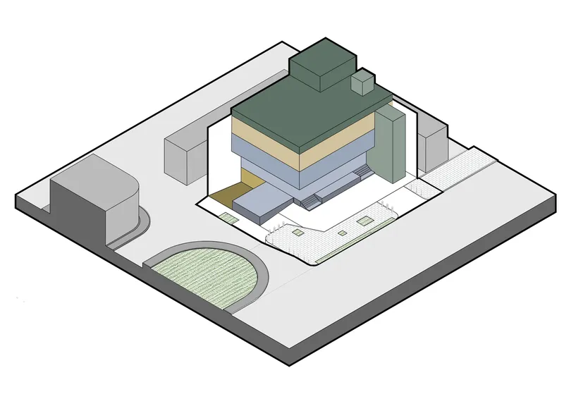 Axonometric diagram with extended terrace and additional rooftop volumes pulled outward from the core