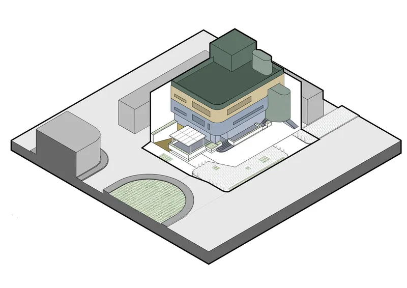 Axonometric drawing showing a central building with stacked volumes and surrounding site structures