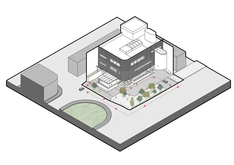 Axonometric drawing of the building with planted courtyard and landscaped perimeter at ground level