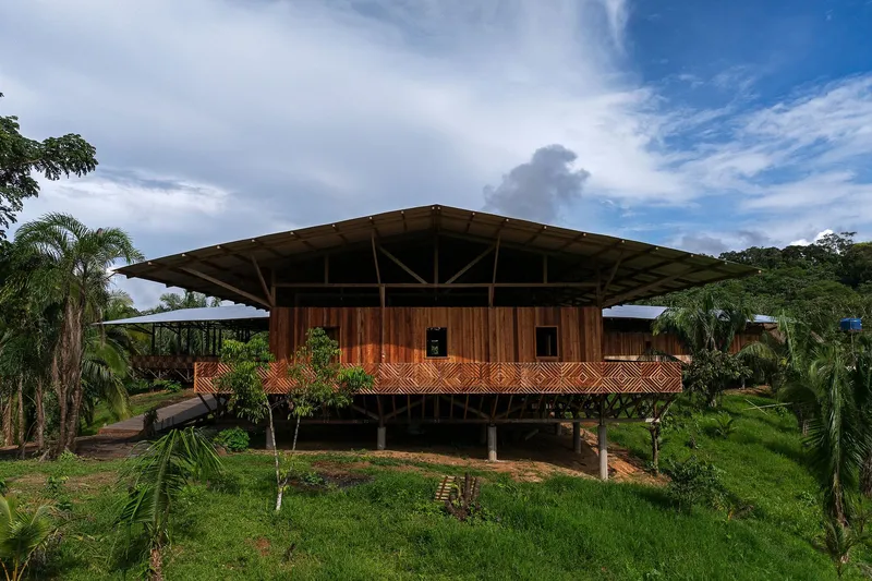 Front elevation showing the cantilevered roof over timber cladding and patterned balustrade with palms flanking the entrance