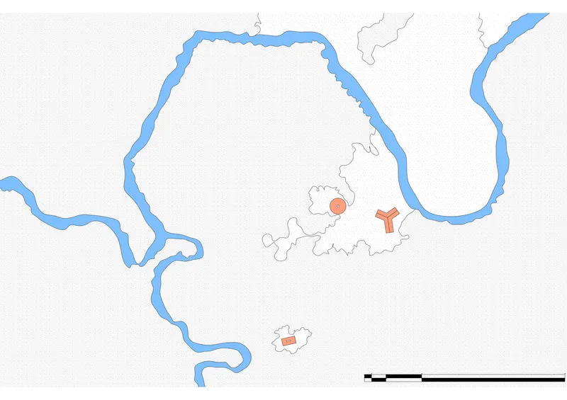 Site plan drawing showing building footprints in relation to meandering river and tributaries
