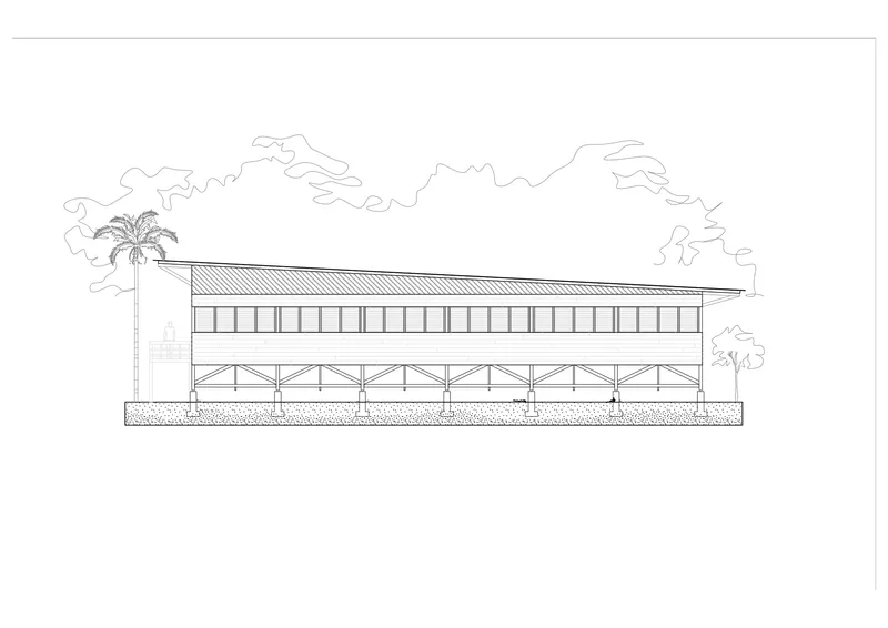 Elevation drawing showing a linear pavilion with exposed diagonal bracing below and glazed upper level with palm tree