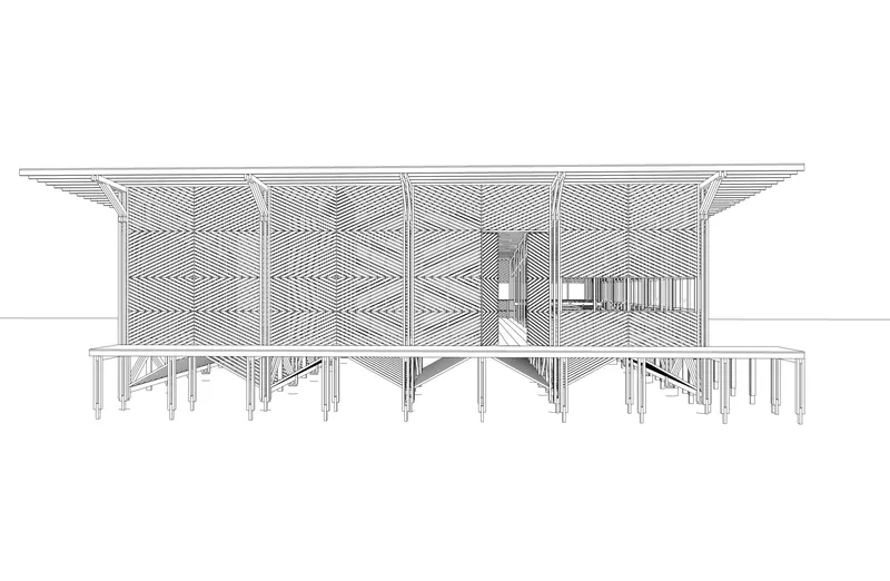 Elevation drawing of patterned timber screen panels above a colonnade of slender columns and bracing