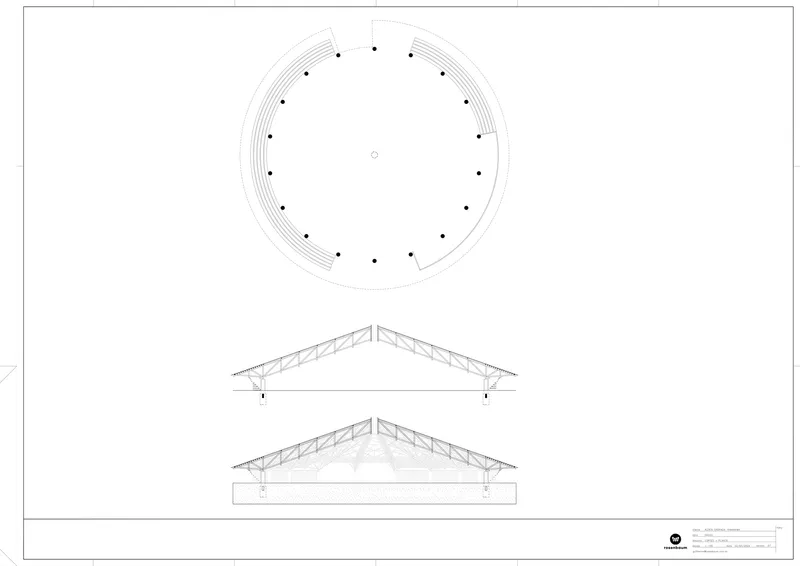 Plan and section drawings showing a circular structure with radial columns and triangulated truss roof system