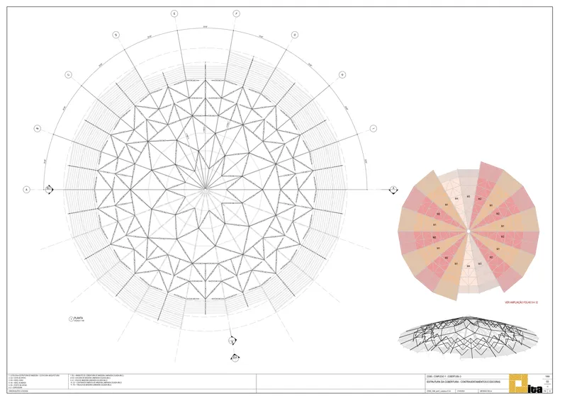 Structural roof plan drawing displaying radial geometry with triangulated framework and material color scheme diagram