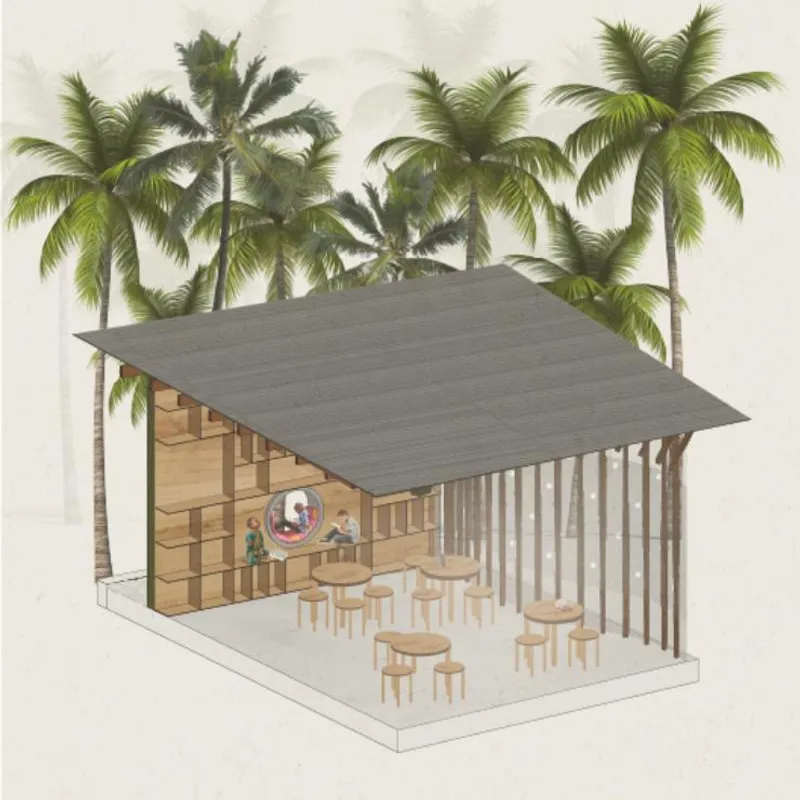 Axonometric drawing showing pavilion with flat roof, corrugated screen wall, and outdoor seating beneath palm trees