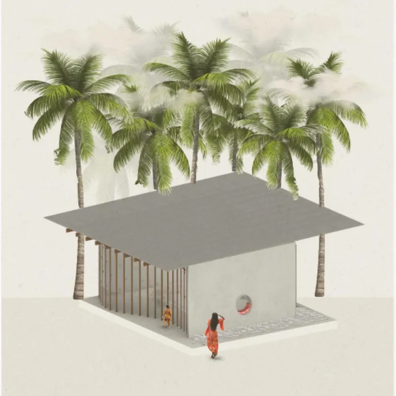 Axonometric rendering of pavilion with vertical metal slat screen and figures walking beneath palm canopy