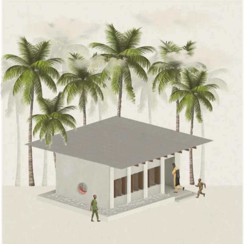 Axonometric view showing pavilion with flat roof, column supports, and figures approaching through palm grove