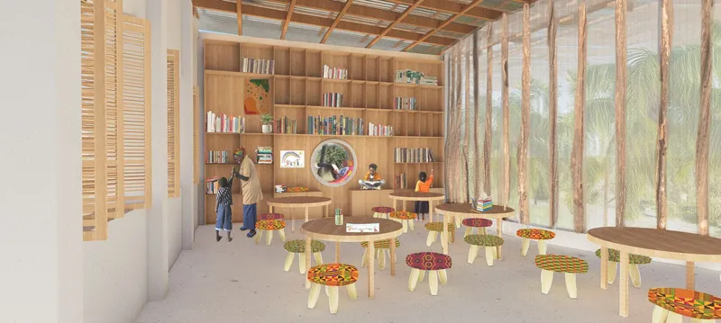 Interior rendering showing timber shelving wall, exposed rafters, and small stools with patterned fabric seats