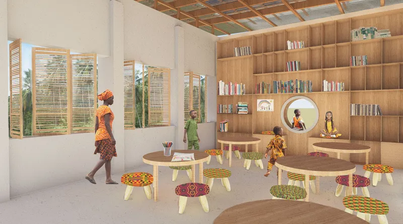 Interior view with children at low tables, timber bookshelf wall, and louvered windows framing palm trees