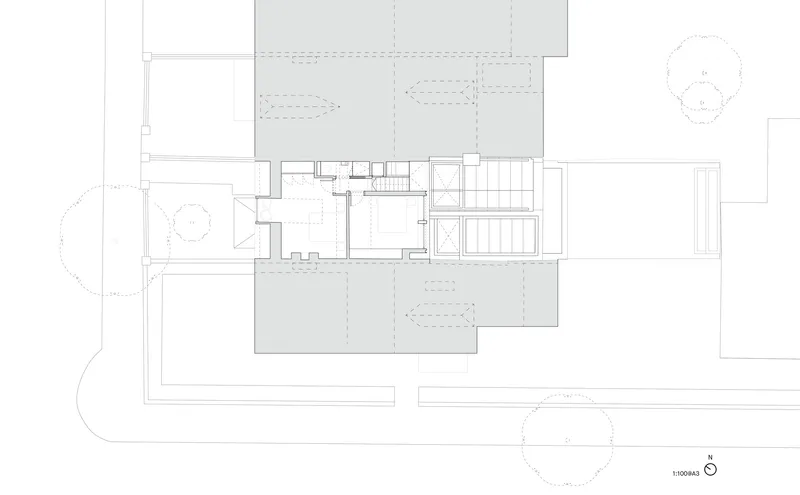 Floor plan drawing showing expanded interior rooms with staircase and pool on the eastern side