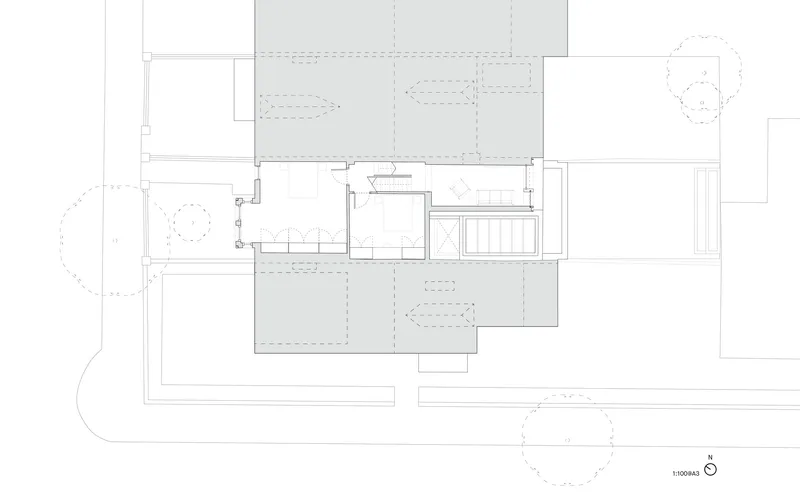 Floor plan drawing showing a pool addition to the east terrace beside the main living area
