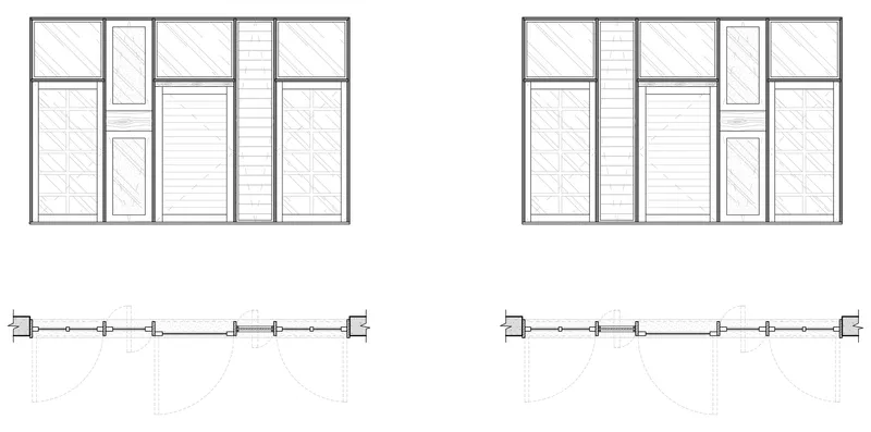 Elevation drawings showing varied facade compositions with vertical and horizontal paneling patterns and window placements