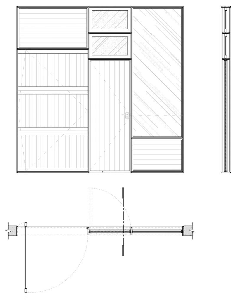 Elevation and section drawing showing facade panel arrangements with detailed column assembly and swing radius notation