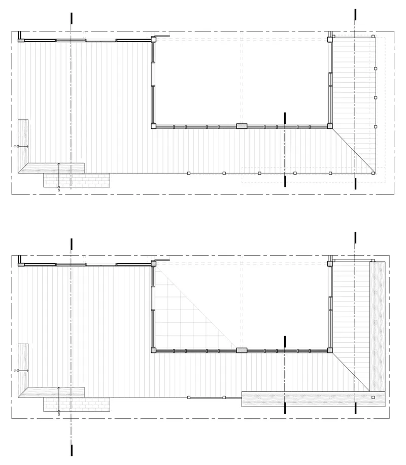 Floor plan drawings showing two levels of a rectangular volume with entry stairs and interior partition layout