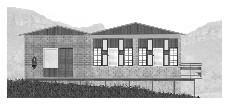 Elevation rendering of block and timber clad facade with shuttered windows against a mountainous backdrop
