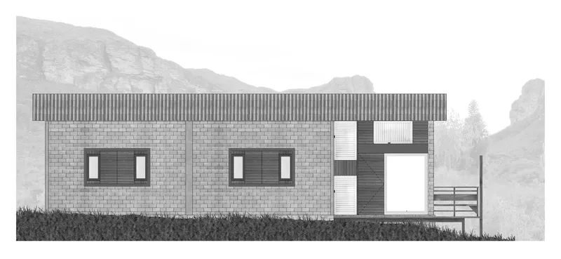 Elevation rendering showing corrugated metal roof overhang above masonry and timber panel facade with native grasses