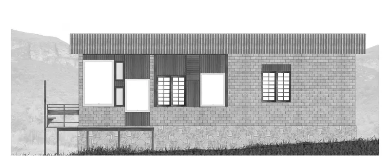 Elevation rendering of mixed material facade with cantilevered deck and shuttered openings beneath mountain silhouette
