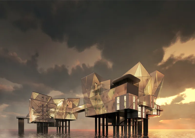 Floating sustainable architecture inspired by icebergs, redefining offshore living through reflective facades and modular design.