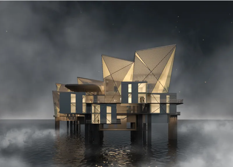 Climate-responsive architecture transforming oil platforms into luminous, iceberg-like habitats above the ocean.