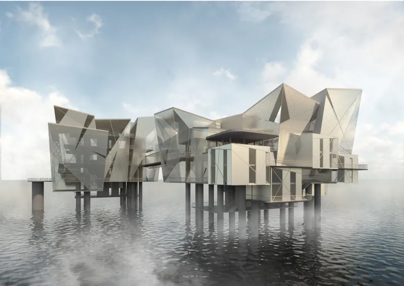 Adaptive reuse in architecture showcasing a futuristic floating complex with passive cooling and faceted metal envelopes.