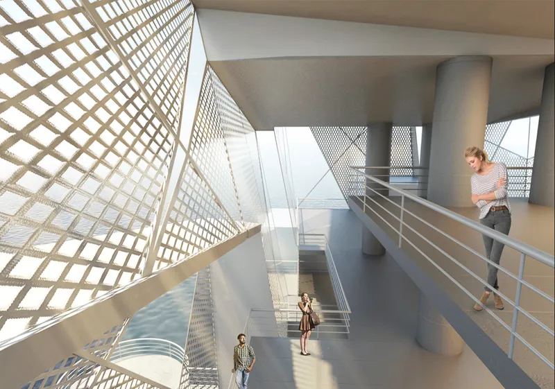 Interior spatial experience with filtered daylight, showcasing perforated facades and layered circulation in sustainable architecture.