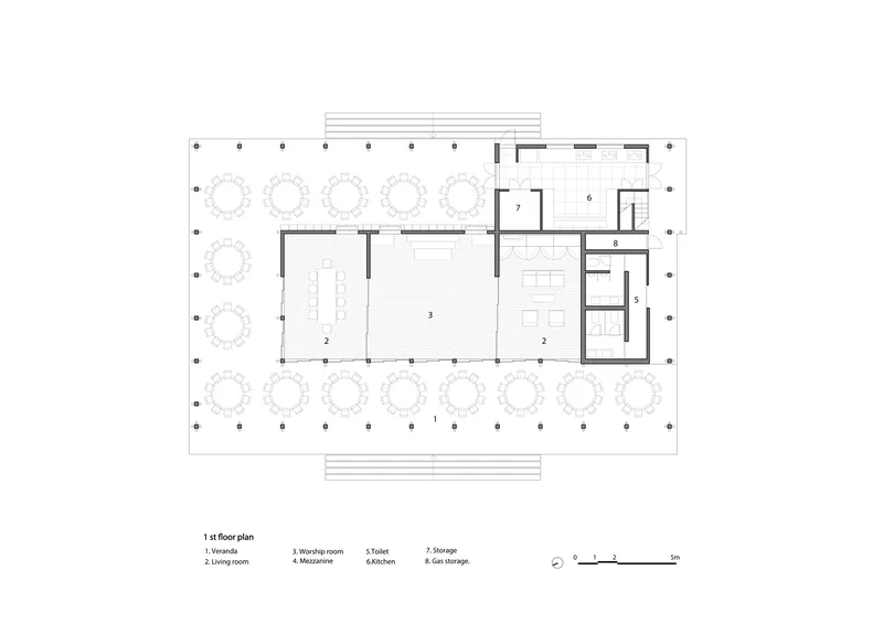 Floor plan drawing showing worship room and living spaces surrounded by a verandah with circular trees