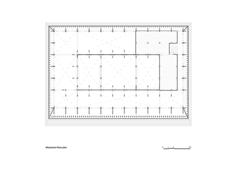 Floor plan drawing of mezzanine level with column grid and perimeter circulation zone