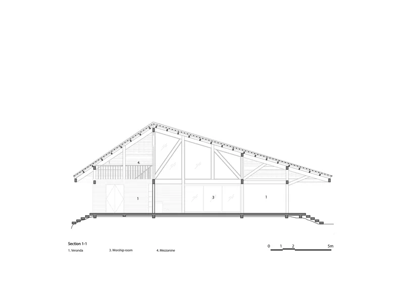 Section drawing revealing timber trusses supporting a pitched roof over verandah and worship room