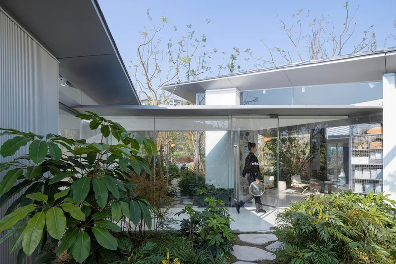 Glass-walled courtyard entrance with stepping stone path through planted beds and a resident walking with bicycle