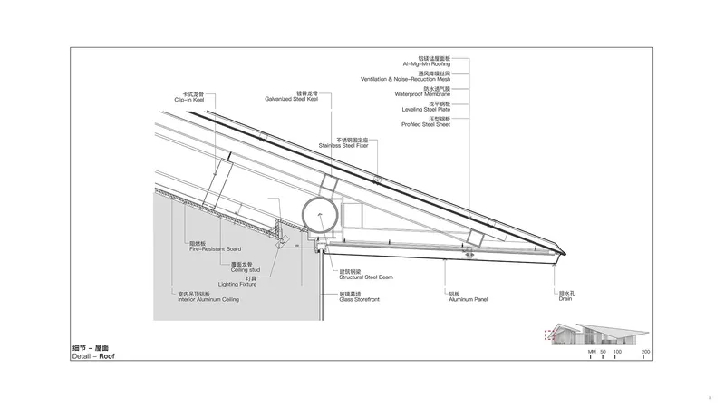 Detail section drawing showing roof assembly with layered insulation, waterproofing membrane and structural beams