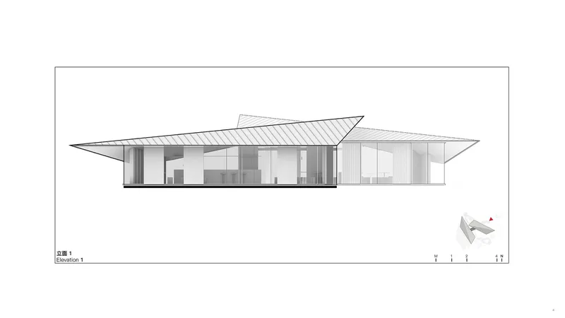 Elevation drawing depicting a low-slung volume with sweeping roof planes and glazed interior spaces