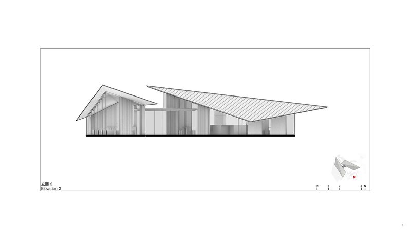 Elevation drawing showing gabled timber-clad volume connected to wing with angular overhanging roof