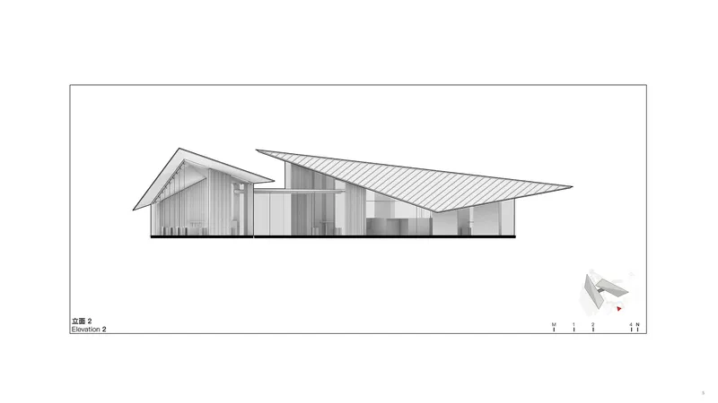 Elevation drawing showing gabled timber-clad volume connected to wing with angular overhanging roof