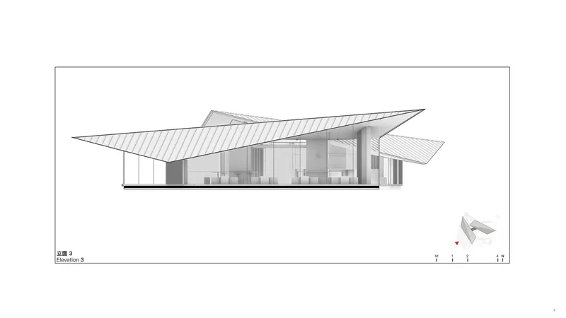 Elevation drawing illustrating elongated roof canopy supported by slender columns over transparent interior