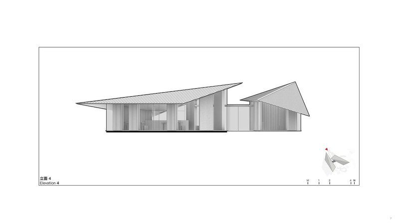 Elevation drawing presenting two intersecting volumes with pitched and planar roofs in contrasting orientations