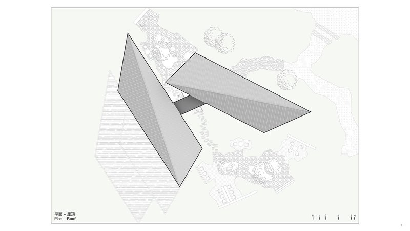 Roof plan drawing showing two angular folded planes hovering above a landscaped site with trees