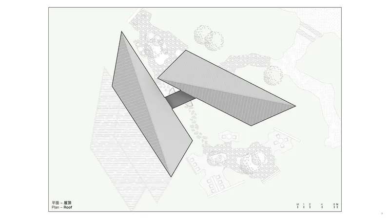 Roof plan drawing showing two angular folded planes hovering above a landscaped site with trees