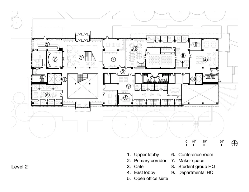Floor plan drawing showing the second level with cafe, open office suite, and student spaces