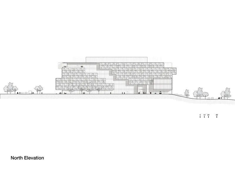 North elevation drawing showing the stepped massing with patterned facade screens and flanking trees