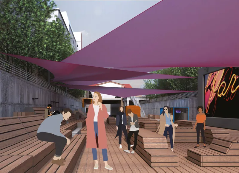 Layered seating and open circulation encourage social interaction within a shaded, adaptable public space.