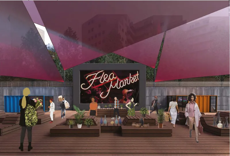 Central plaza activates as a flea market and event space with adaptable layouts and vibrant community use.