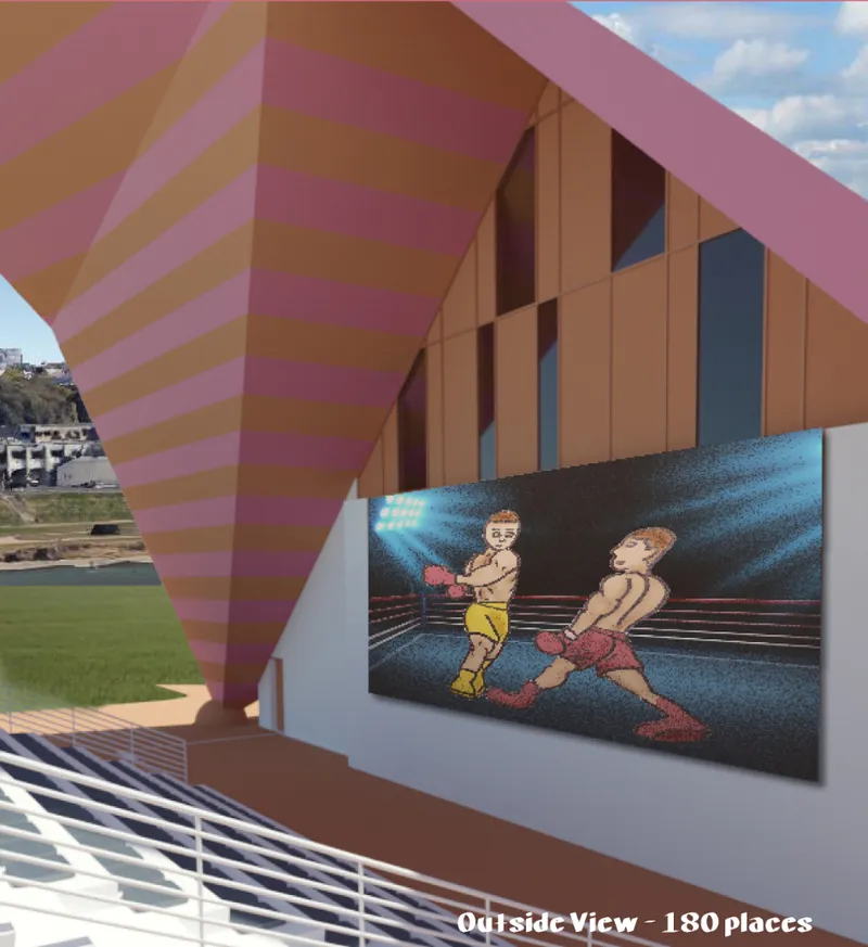 Outdoor viewing integrates architecture and media, extending the experience beyond the building into a public gathering space.