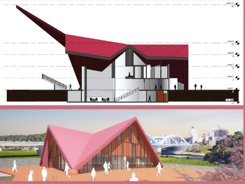 Section reveals the interplay of underground and elevated spaces, optimizing visibility, circulation, and structural efficiency.