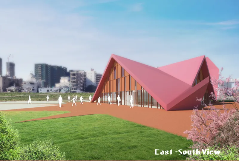 A sculptural parametric roof defines the Tokyo Dojo, creating a bold cultural landmark within the urban riverside landscape.
