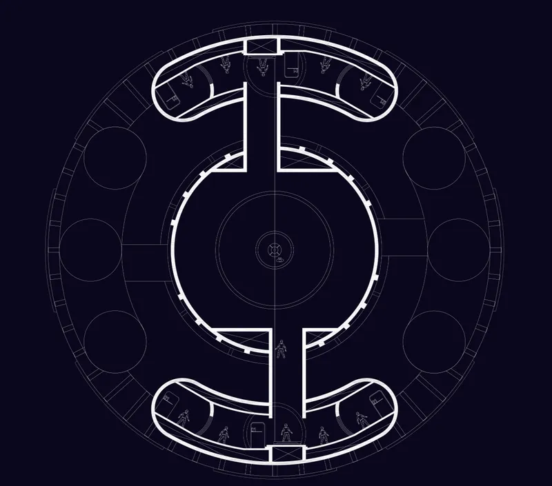 Radial space habitat plan integrating artificial gravity rings with a central core for circulation, research, and modular living systems.