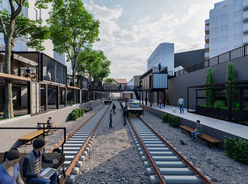 The railway becomes a public spine, blending mobility infrastructure with leisure, markets, and community life.